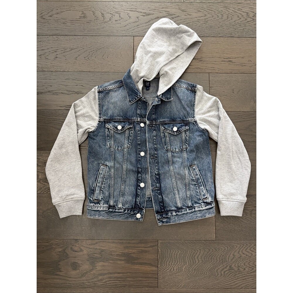 Gap Kids Unisex Jean/Trucker Jacket in Blue/Gray With Hoodie in Size XXL 14-16